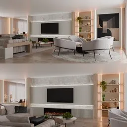 Realistic 3D-rendered modern living room with fireplace and chic decor, modeled in Blender.