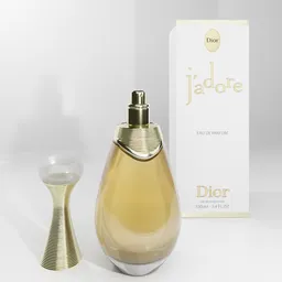 Realistic Blender 3D model of elegant perfume bottle with packaging, detailed texturing, suitable for close-up renders.