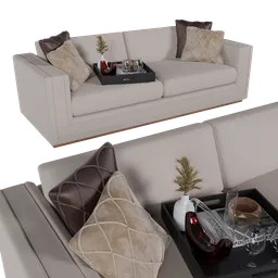 "Add sophistication to your living room with this trendy sofa and wine 3D model, featuring red brown and white color scheme and cushioned seats. Perfect for game renders and 3D characters. Made with Blender 3D and available on BlenderKit."