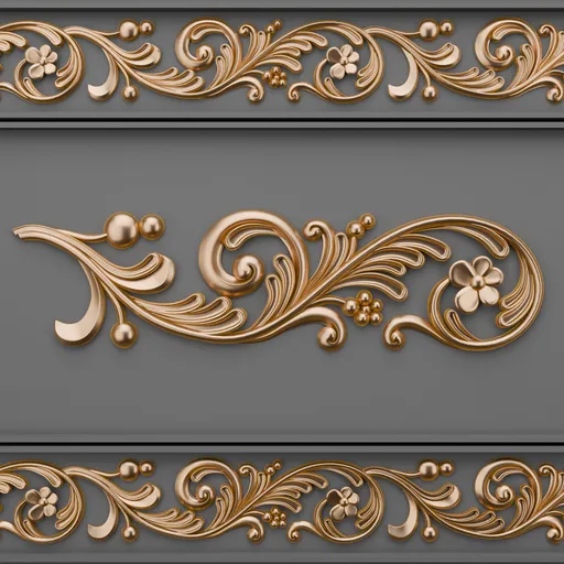 Intricate 3D floral trim brush ornament, gold on gray, for efficient scene detailing.
