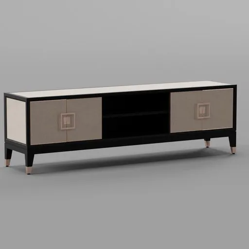 High-quality 3D model of a modern TV stand with leather and copper detailing, compatible with Blender.
