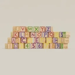 "Wooden Toy Blocks for Blender 3D - Educational play toy for toddlers. Inspired by Amédée Ozenfant, these blocks feature letters and strong design. Perfect for creating corporate art designs or as a Discord profile picture."