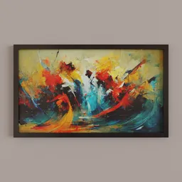 "Colorful abstract painting depicting a group of people riding a wave in a cyan and orange palette. Framed in a beautiful wooden frame, inspired by the style of Aenami Alena and Joseph Ducreux. Ideal for Blender 3D modeling."