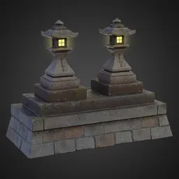 "Highly-detailed, Japanese-style stone monument with lanterns and light on stone pedestal. Great for historical and ancient 3D scenes in Blender. Also includes stone walls, pillars, and fences."