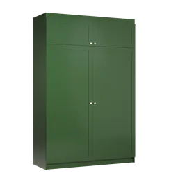 "Green wardrobe 3D model with two doors and a drawer, rendered in BlenderKit. Features golden handles and a minimalistic 1920s style. Modeled in 3D with light displacement and metal shading, inspired by Nordic forest colors."