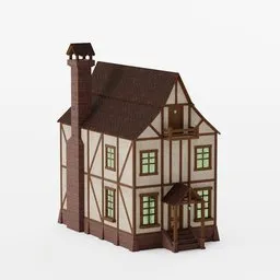 Detailed Blender 3D lowpoly model of a Tudor-style house with interior furnishings.