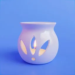 "High-resolution scented lamp 3D model for Blender 3D, featuring a lit white candle surrounded by intricate alien botanicals on a tranquil blue background. This UV-unwrapped and textured model is inspired by Alexander Scott's serene and peaceful style, with swirling flames and white lilies. Perfect for enhancing your Blender 3D projects."