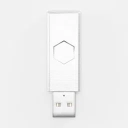 Detailed 3D model of a USB flash drive with a brushed metal texture and embossed hexagon design, compatible with Blender.