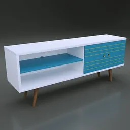 High-quality 3D rendering of a sleek white and blue TV stand with drawers and shelves.