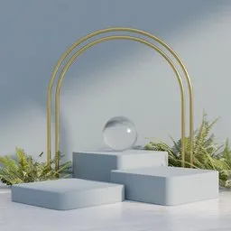 Minimalist 3D-rendered indoor arch with plants, geometric shapes, and soft lighting using Blender.