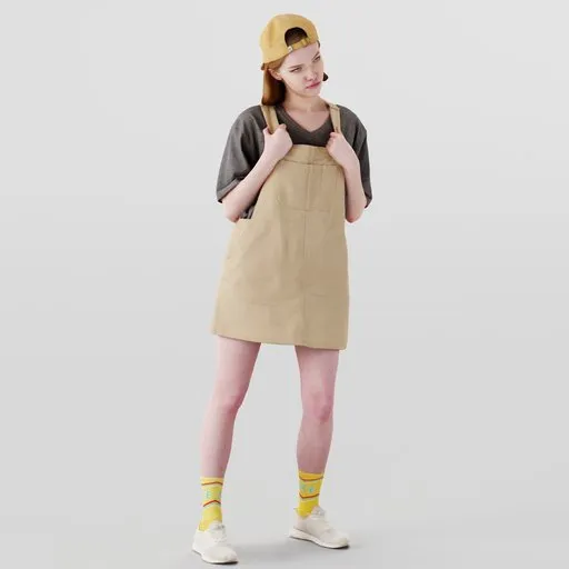 3D model of petite female character with casual outfit and cap, ideal for Blender graphic projects.