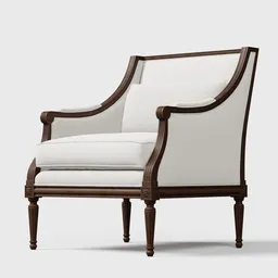 "Antique armchair 3D model for interior visualizations, designer Alfonso Marina. Includes multiple material variations such as white upholstered seat and dirty white painted wood. Compatible with Blender 3D software."