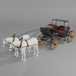 "Rausch Landauer horse-drawn carriage 3D model for Blender 3D - historically accurate and highly detailed, based on original construction plans from the 1890s Central Europe. Two horse harnesses and white soft leather texture, inspired by Hendrick Goudt and Konstantin Somov's ancient Roman style. Download now from our website."