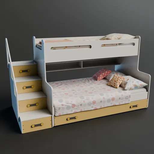 Detailed 3D render of a children's bunk bed with stairs and storage drawers, suitable for Blender modeling.