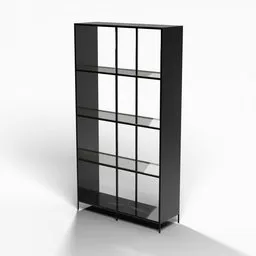 Elegant black metal shelf with transparent glass tiers, detailed 3D render suitable for Blender modeling.