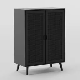 Black 3D rendered Blender model of a modern display cabinet with textured doors and angled legs.