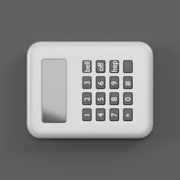 "Interphone Blender 3D model - an industrial exterior component for building or apartment main entrance bell. Close up of a gray surface, hand on the doorknob, blockout, golden key, phone, thumbprint, and hook as a ring. Isolated white background with universal shadowing."