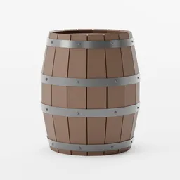 Lowpoly 3D barrel model with metal bands for Blender, optimized for stylized game assets.