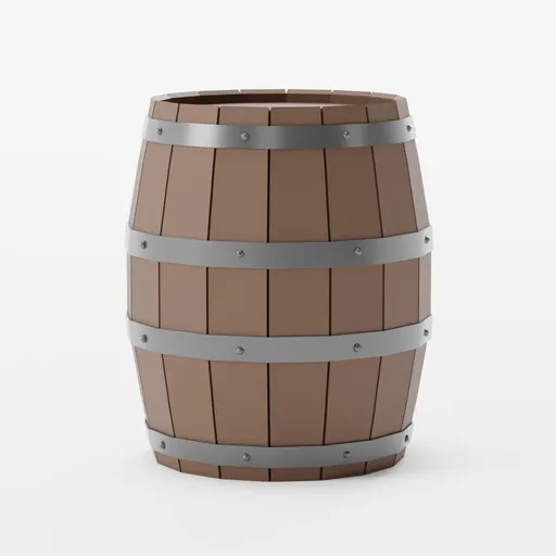 Lowpoly 3D barrel model with metal bands for Blender, optimized for stylized game assets.