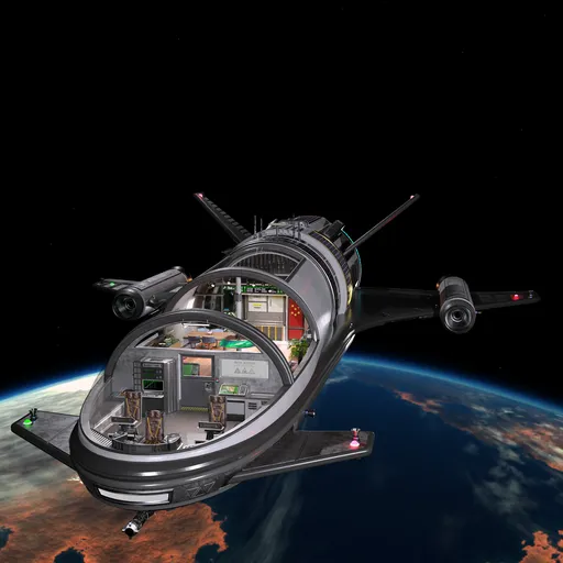 Detailed Blender 3D model of a comfortable, fully-rigged spaceship with interior, showcasing a homely space caravan design.
