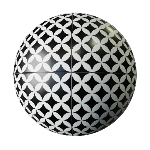 Black and white decorative PBR tiling texture for 3D Blender materials library.