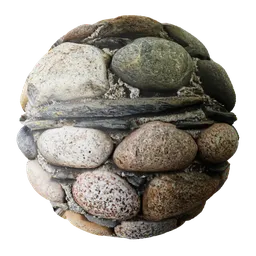 High-resolution river stone cobble wall texture with PBR maps for 3D modeling in Blender and similar software.