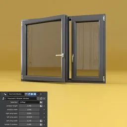"Parametric window 3D model for Blender 3D with customizable height, width, handle position and open wings. Available in both single and double window options. High-quality photoreal details and diagram specifications included from Blacksmith Product Design."