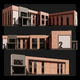 Detailed Blender 3D model of a modern mini office building with brick and smooth surfaces, showcasing multiple angles.