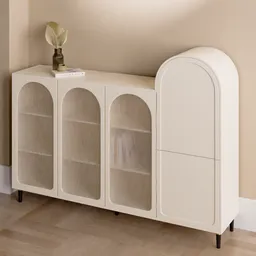 3D model of a sleek minimalist commode with glass doors, optimized for Blender rendering and design, dimensions included.