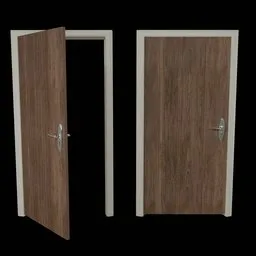 Detailed 3D wooden door model with hinges and handle, compatible with Blender for architectural design.