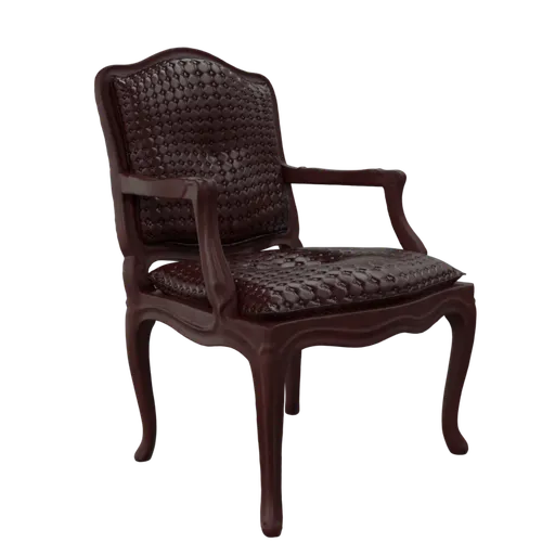 Detailed 3D model of a classic leather chair with wooden frame, ideal for Blender 3D projects, high-quality textures.