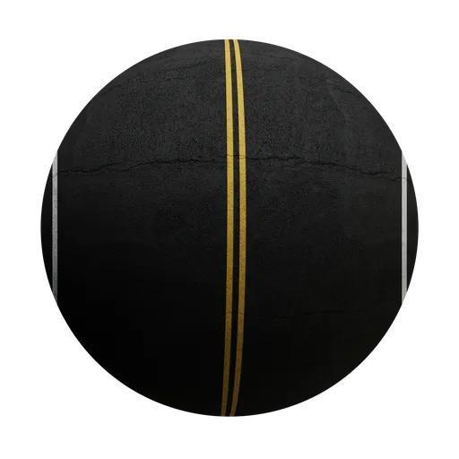 High-resolution asphalt PBR material with yellow road markings for realistic 3D Blender textures.