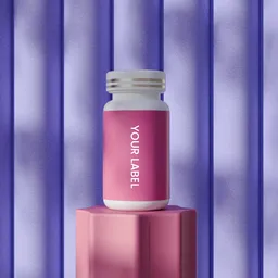 3D-rendered medicine bottle on podium against a draped background for pharmaceutical mockups in Blender.