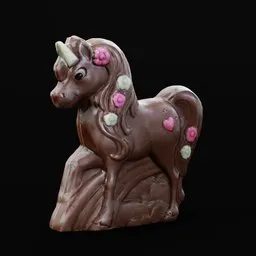 "Chocolate Unicorn 3D model for Blender 3D - a sweet and cute candy-coated, spangled Easter decoration made of chocolate. Photoscanned and rendered with Unreal Engine 5, inspired by Charles Ginner and created by George Pirie. Perfect for RPG item renders, stylized portraits, and adding some whimsy to your designs."
