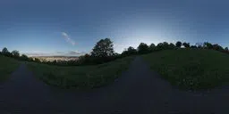 High-resolution HDR panorama of a path leading through a park at dusk, perfect for realistic lighting in 3D scenes.