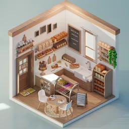 Detailed isometric 3D bakery cafe scene with furniture, pastries, and decor - ideal for Blender modeling and design.