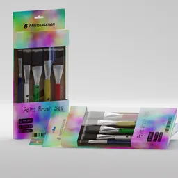 Realistic 3D modeling of paintbrushes with detailed packaging, suitable for Blender rendering and art simulations.