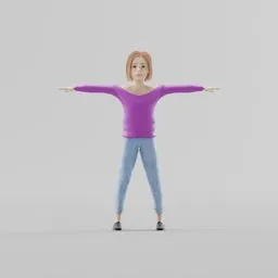 "Child 3D model named Ester in purple shirt and jeans posing triumphantly in chibi proportions, designed for Blender 3D software by Mia Brownell. Perfect for creating avatars with Inshō Dōmoto inspired design using Xbox or Microsoft platforms, and compatible with Samsung SmartThings."