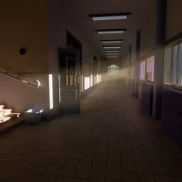 Detailed 3D-rendered school corridor at sunset with warm lighting and long shadows for Blender design.