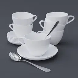 Realistic white porcelain cup and saucer 3D models with spoons on a grey background, perfect for Blender rendering.