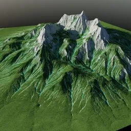 "Stylized 3D mountain landscape featuring snow-capped peaks and lush green fields, created with Houdini simulation and inspired by Harold Sandys Williamson. This Blender 3D model includes a vast forest and rivers for a scenic and sci-fiish background."