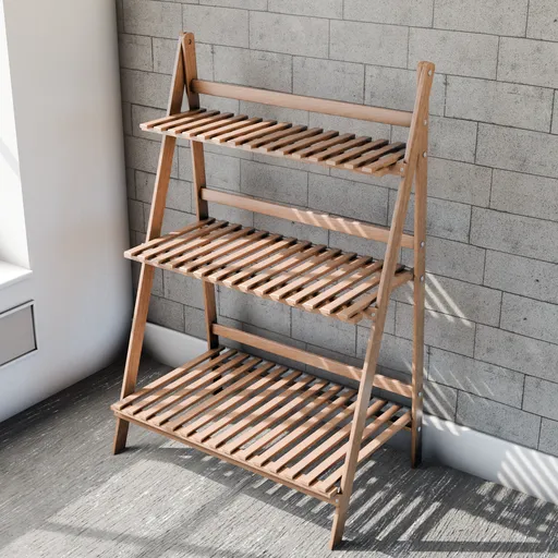 High-quality Blender 3D model of a wooden, four-tier shelf with realistic texture and shadows, perfect for interior design visualizations.
