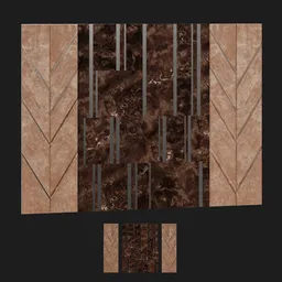 "Marble and velvet 3D panel asset for interior decoration in Blender 3D. Featuring a dark wood base with scratches and a bargello pattern in brown and black tones, complemented by a white gold skin texture. Stylized border and metal accents add a touch of elegance to this carved floor design."