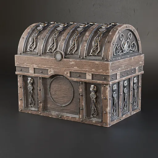 Detailed vintage-style 3D model chest with metal embellishments, suitable for game environments.