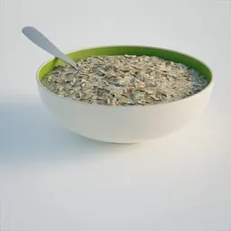 "Photorealistic 3D model of a white bowl filled with oatmeal and cereal, complete with a spoon - perfect for Blender 3D. Highly detailed and rendered with realistic shaders, depth blur, and film grain, and inspired by artists Milton Menasco and Weiwei."