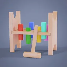 Colorful 3D modeled wooden hammer and peg toy, designed in Blender for child's play.