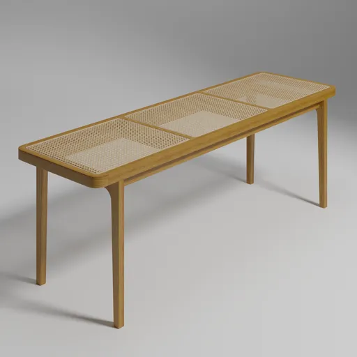 3D model of a contemporary wooden bench with woven seat, optimized for Blender rendering.