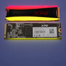 Detailed 3D rendering of XPG-branded M.2 SSD with visible circuitry, ideal for Blender 3D projects.