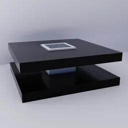 Modern 3D-rendered black coffee table with lower shelf and decorative plant slot, designed in Blender.