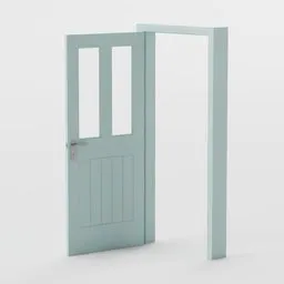 High-quality 3D model of an open teal door with glass panels for Blender rendering and animation.